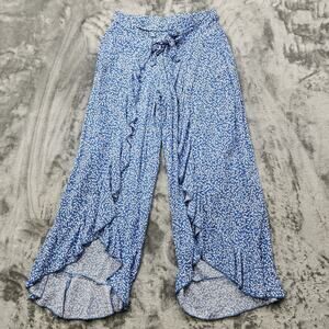 Kiwi + Punch Pants Womens S Blue White Floral Wrap Front Tie Wide Leg Ruffled